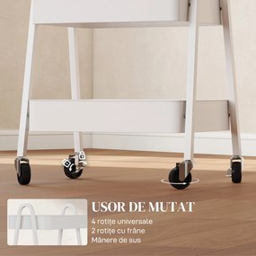 HOMCOM Cărucior de Bucătărie cu 3 Niveluri, Roți Pivotante, Mânere și Frâne, 42,4x29,8x74,5 cm, Alb | Aosom Romania