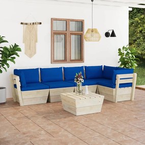 Set mobilier gradina din paleti cu perne, 6 piese, lemn molid Albastru, 2x mijloc + 3x colt + masa, 1