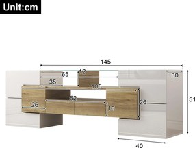Dulap TV cu iluminare LED, suprafețe din sticlă, cu 6 uși, 2 sertare și 3 compartimente, 145x30x51 cm, Alb+Natur.