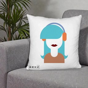 Perna Decorativa Fata cu Casti Muzica Grafic, 40x40 cm, Alb Pufos, Husa Detasabila, Perna Inclusa, BEKZ®