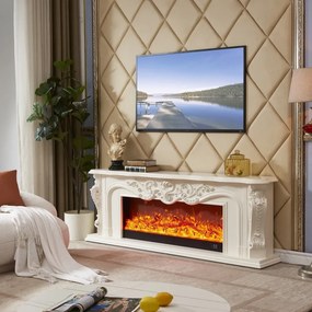 Șemineu electric cu efect LED realist cu 12 culori, Comodă TV, design clasic elegant, control vocal și telecomandă, fără încălzire, 200 cm, Alb