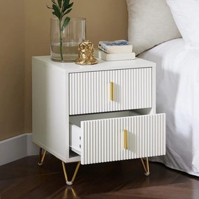 NOA29 - Set 2x Noptiere albe 40x40x47 cm, riflaje, cu sau fara Priza, cu 2 sertare, dormitor - Alb-Auriu