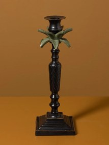 Set 2 sfeșnice din aluminiu și alamă cu motive de palmier și flori sculptate, negru-auriu-verde, finisaj patinat, 30×10 cm, „Empire"