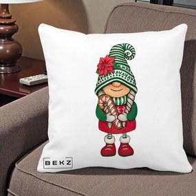 Perna Decorativa Gnom Craciun Verde cu Bomboane si Floare, 40x40 cm, Alba Mata, Husa Detasabila, Perna Inclusa, BEKZ®
