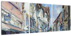 Tablou - Strada orașului vechi, pictură acrilică (cu ceas) (90x30 cm)