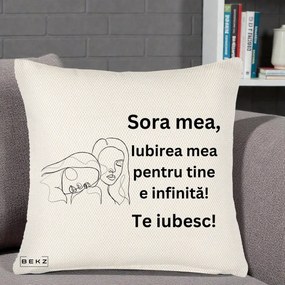 Cadou pentru Sora - Perna Personalizata Sora Mea Te Iubesc Line Art Portrete Fata in Fata, 40x40 cm, Crem Reliefat, Husa Detasabila, Perna Inclusa, BEKZ®
