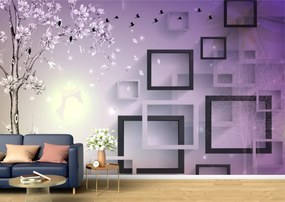Tapet Premium Canvas - Ramura de copac pasarile si cuburile 3d abstract