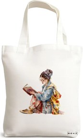 Sacosa de Panza pentru Cumparaturi, Geanta Tote, model The bookie girl 33 38 x 34.5 cm, Alba, BEKZ®