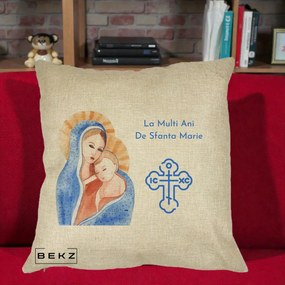 Cadou de Onomastica - Perna Personalizata Sfanta Marie Icoana Acuarela, 40x40 cm, Crem, Husa Detasabila, Perna Inclusa, BEKZ®
