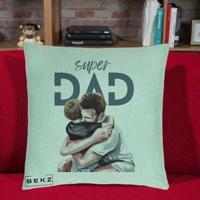 Cadou pentru Tata - Perna Personalizata Super Dad Tata si Fiu Imbratisare, 40x40 cm, Verde Menta, Husa Detasabila, Perna Inclusa, BEKZ®