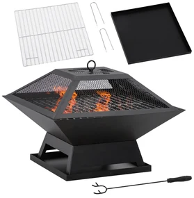 Outsunny Grătar 45 x 45 x 34cm din oțel inoxidabil cu protectie împotriva scânteilor și cârlig pentru grătar pentru grădină, balcon, BBQ camping negru | Aosom Romania
