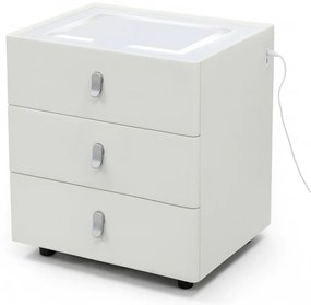 Noptieră inteligentă, încărcare Wireless și port USB+USB C, 3 sertare, 3 tipuri de iluminare LED touch, 3 tipuri de culoare, sticla securizata, Alb