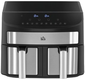 HOMCOM Friteuză cu Aer Cald cu Vas Dublu, Friteuză fără Ulei cu Ecran Tactil LED, Temporizator și Temperatură Reglabilă, 38.8x36.3x31.1 cm, Negru