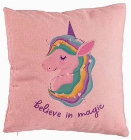 Perna Decorativa, Model Unicorns Believe in Magic, 40x40 cm, Roz, Husa Detasabila, Burduf