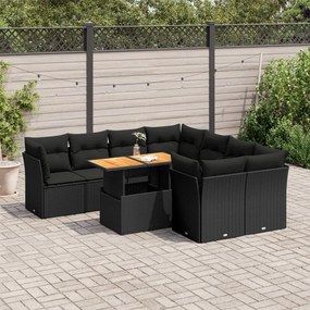 3326904 vidaXL Set mobilier de grădină cu perne, 9 piese, negru, poliratan