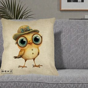 Perna Decorativa Pui Elegant cu Palarie Teal, 40x40 cm, Crem, Husa Detasabila, Perna Inclusa, BEKZ®