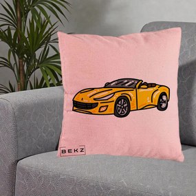 Perna Personalizata Masina Cabriolet Galbena Grafic, 40x40 cm, Roz, Husa Detasabila, Perna Inclusa, BEKZ®
