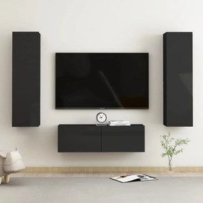 Set dulap TV, 3 piese, negru extralucios, PAL 1, negru foarte lucios, 100 x 30 x 30 cm