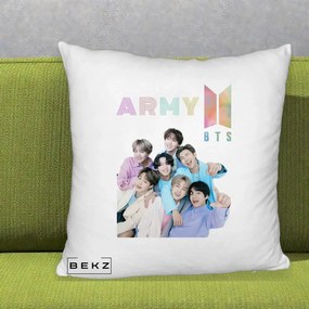 Perna Personalizata K-pop BTS ARMY Fotografie Grup Veseli, 40x40 cm, Alb Pufos, Husa Detasabila, Perna Inclusa, BEKZ®