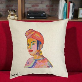 Perna Decorativa Portret Femeie Africana, 40x40 cm, Ecru, Husa Detasabila, Perna Inclusa, BEKZ®