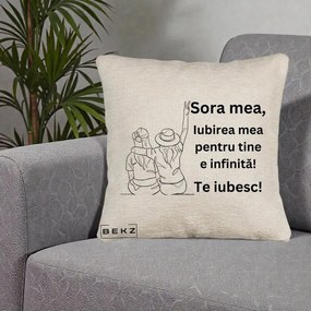 Cadou pentru Sora - Perna Personalizata Sora Mea Te Iubesc Line Art Portrete Colorate, 40x40 cm, Bej Canapea, Husa Detasabila, Perna Inclusa, BEKZ®