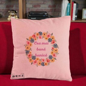 Cadou pentru Bunica - Perna Personalizata Cea Mai Buna Bunica Coronita Flori Multicolore, 40x40 cm, Roz, Husa Detasabila, Perna Inclusa, BEKZ®