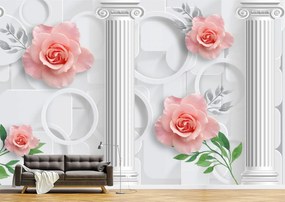 Tapet Premium Canvas - Flori roz coloane si cercuri abstract 3d