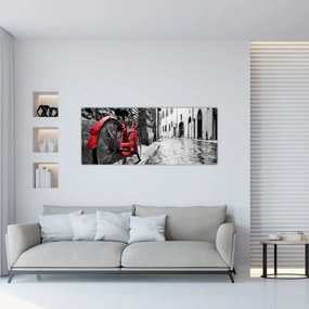 Tablou - Bicicleta roșie pe o stradă pavată (120x50 cm)