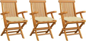 vidaXL Scaune de grădină cu perne alb crem, 3 buc., lemn masiv de tec