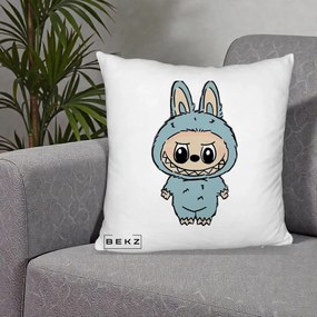 Perna Personalizata Labubu Albastru-Gri Solo, 40x40 cm, Alb Pufos, Husa Detasabila, Perna Inclusa, BEKZ®