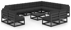 Set mobilier gradina cu perne, 14 piese, negru, lemn masiv pin Negru, 1, Da