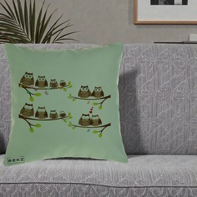 Perna Decorativa Familie de Bufnite pe Ramuri, 40x40 cm, Verde, Husa Detasabila, Perna Inclusa, BEKZ®