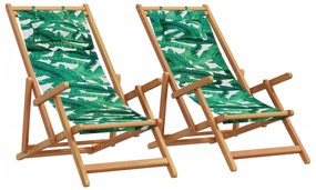 vidaXL Scaune de plajă pliabile 2 buc model frunze, textil/lemn masiv