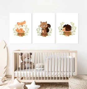 Set de tablouri pentru copii - Animale pe un trunchi de copac