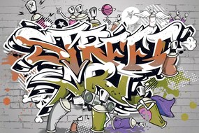 Tapet autoadeziv inscripție portocalie Street Art cu spray-uri