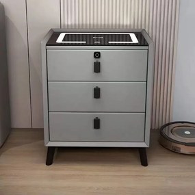Noptieră inteligentă multifuncțională, 3 sertare, blocare cu amprentă, LED-uri tactile, 3 tipuri de culoare, încărcare fără fir, Difuzor Bluetooth, incarcare USB, sticla securizata, Gri