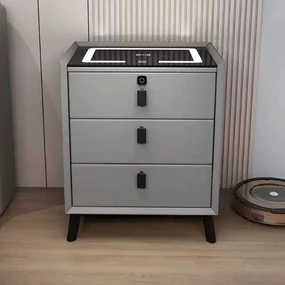 Noptieră inteligentă multifuncțională, 3 sertare, blocare cu amprentă, LED-uri tactile, 3 tipuri de culoare, încărcare fără fir, Difuzor Bluetooth, incarcare USB, sticla securizata, Gri