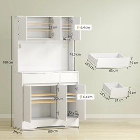 HOMCOM Bufet de Bucătărie Modern cu 4 Dulapuri, 2 Sertare și Rafturi Reglabile, 100x38x180 cm, Alb | Aosom Romania