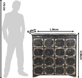 Comodă cu multe sertare, vintage, din lemn, negru, cu 16 sertare și mânere inel din metal, 96 x 96 x 40 cm, „Marquise”