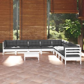 Set mobilier gradina cu perne, 10 piese, alb, lemn masiv pin Alb, 10