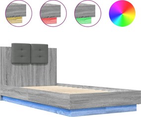 vidaXL Cadru de pat cu tăblie și lumini LED, gri sonoma, 75x190 cm