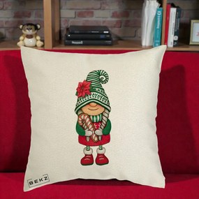 Perna Decorativa Gnom Craciun Verde cu Bomboane si Floare, 40x40 cm, Ecru, Husa Detasabila, Perna Inclusa, BEKZ®