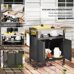 Outsunny Cărucior pentru Grătar cu Blat din Oțel Inoxidabil și Măsuță Laterală Pliabilă, 116x50x93 cm, Negru | Aosom Romania