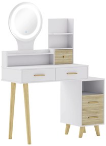 HOMCOM Masă de toaletă cu oglindă și lumini LED reglabile cu 5 sertare 4 compartimente și 1 poliță 100x44x137 cm Alb și Natural | Aosom Romania