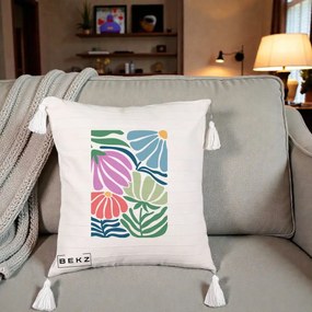 Perna Decorativa Flori Grafice Multicolore Modern, 40x40 cm, Bej cu Franjuri, Husa Detasabila, Perna Inclusa, BEKZ®