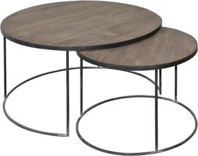 Set 2 măsuțe de cafea rotunde din lemn masiv și metal, natur, cu ramă neagră și inel la bază, 40 x 70 cm, „Brooklyn”