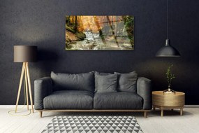 Tablou pe sticla Cascada Natural Pădurea Verde Brun Galben