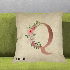 Cadou Personalizat - Perna Personalizata Monograma Rose Gold Litera Q, 40x40 cm, Crem, Husa Detasabila, Perna Inclusa, BEKZ®