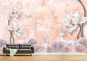 Tapet Premium Canvas - Abstract caprioare si flori albe