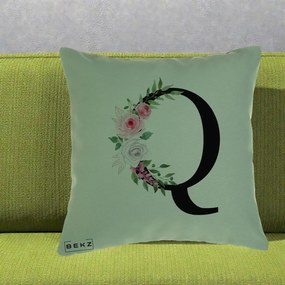 Cadou Personalizat - Perna Personalizata Monograma Florala Litera Q, 40x40 cm, Verde, Husa Detasabila, Perna Inclusa, BEKZ®